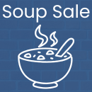 A blue background with a white silhouette of a bowl of soup and white letters saying 