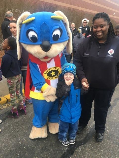 Safety Pup mascot, Officer and young boy